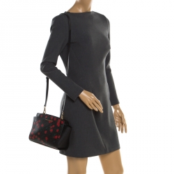 Pre Owned MICHAEL Michael Kors Black/Red MK Rose Leather Medium Selma Tote