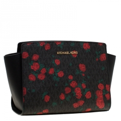 Pre Owned MICHAEL Michael Kors Black/Red Rose Printed Signature Leather Medium Selma Crossbody Bag 
