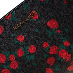Pre Owned MICHAEL Michael Kors Black/Red Rose Printed Signature Leather Medium Selma Crossbody Bag 
