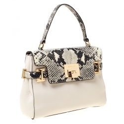 Pre Owned Micheal Kors Cream Python Embossed Leather Astrid Top Handle Bag