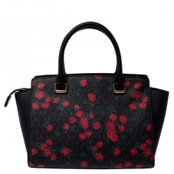 Pre Owned حقيبة يد مايكل مايكل كورس سلما متوسطة جلد شهيرة طباعة روز حمراء/ سوداء