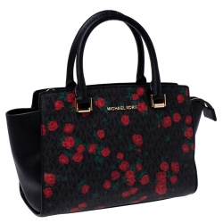 Pre Owned حقيبة يد مايكل مايكل كورس سلما متوسطة جلد شهيرة طباعة روز حمراء/ سوداء