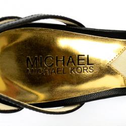 Pre Owned MICHAEL Michael Kors Black Leather Eleni Platform Ankle Strap Sandals Size 37.5