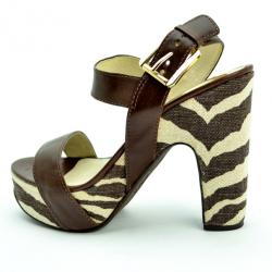 Pre Owned MICHAEL Michael Kors Brown Leather &amp; Printed Canvas Ivana Sandals Size 38.5