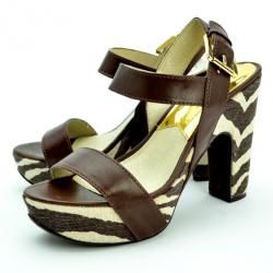 Pre Owned MICHAEL Michael Kors Brown Leather &amp; Printed Canvas Ivana Sandals Size 38.5
