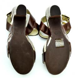 Pre Owned MICHAEL Michael Kors Brown Leather &amp; Printed Canvas Ivana Sandals Size 38.5