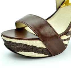 Pre Owned MICHAEL Michael Kors Brown Leather &amp; Printed Canvas Ivana Sandals Size 38.5