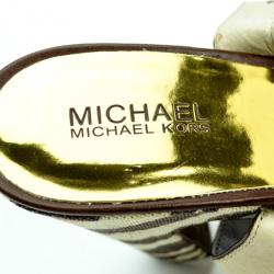Pre Owned MICHAEL Michael Kors Brown Leather &amp; Printed Canvas Ivana Sandals Size 38.5