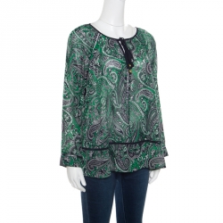 Pre Owned Michael Michael Kors Navy Blue and Green Paisley Printed Ladder Lace Insert Tie Detail Blouse M