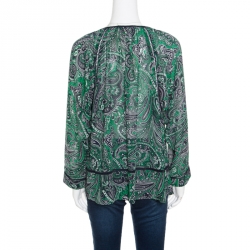 Pre Owned Michael Michael Kors Navy Blue and Green Paisley Printed Ladder Lace Insert Tie Detail Blouse M