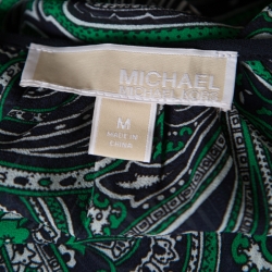 Pre Owned Michael Michael Kors Navy Blue and Green Paisley Printed Ladder Lace Insert Tie Detail Blouse M