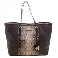 مملوكة مسبقًا Michael Michael Kors Dark Brown Python Embossed Signature Leather Jetset Tote