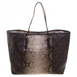 مملوكة مسبقًا Michael Michael Kors Dark Brown Python Embossed Signature Leather Jetset Tote