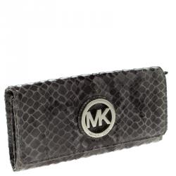 Pre Owned Michael Michael Kors Grey Python Embossed Leather Fulton Flap Wallet