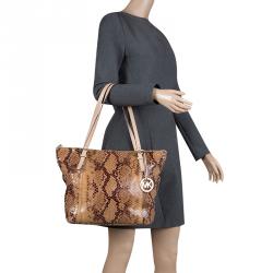 Pre Owned Michael Michael Kors Brown Python Embossed Leather Top Zip Jet Set Tote