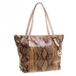 Pre Owned Michael Michael Kors Brown Python Embossed Leather Top Zip Jet Set Tote