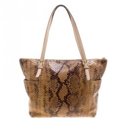 Pre Owned Michael Michael Kors Brown Python Embossed Leather Top Zip Jet Set Tote