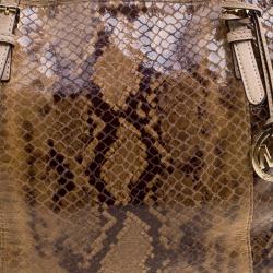 Pre Owned Michael Michael Kors Brown Python Embossed Leather Top Zip Jet Set Tote