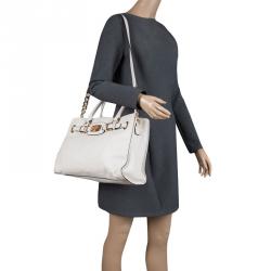 Pre Owned Michael Michael Kors White Leather East West Hamilton Tote