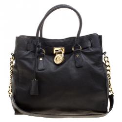 Pre Owned Michael Michael Kors Black Leather East West Hamilton Tote
