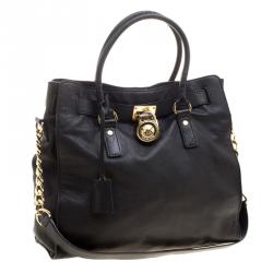 Pre Owned Michael Michael Kors Black Leather East West Hamilton Tote