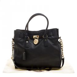 Pre Owned Michael Michael Kors Black Leather East West Hamilton Tote
