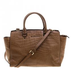 Pre Owned Michael Michael Kors Brown Croc Embossed Leather Medium Selma Tote