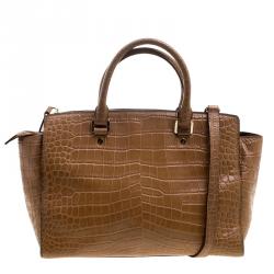 Pre Owned Michael Michael Kors Brown Croc Embossed Leather Medium Selma Tote