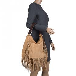 Pre Owned Michael Michael Kors Camel Suede Vienna Fringe Hobo