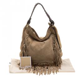 Pre Owned Michael Michael Kors Camel Suede Vienna Fringe Hobo