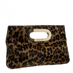 Pre Owned حقيبة كلتش مايكل مايكل كروس شعر عجل نقوش جلد فهد بنية