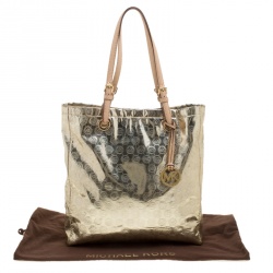 Pre Owned Michael Michael Kors Pale Gold Monogram Patent Leather Jet Set North South Tote
