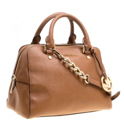 Pre Owned Michael Kors Brown Leather Logo Fob Top Handle Bag