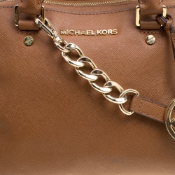 Pre Owned Michael Kors Brown Leather Logo Fob Top Handle Bag