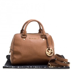 Pre Owned Michael Kors Brown Leather Logo Fob Top Handle Bag