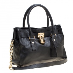 Pre Owned Michael Michael Kors Black Leather Medium Hamilton Top Handle bag
