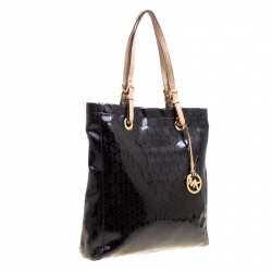 Pre Owned Michael Michael Kors Black Monogram Patent Leather Jet Set North South Tote