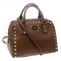 Pre Owned Michael Michael Kors Brown Leather Small Studded Sandrine Top Handle Bag