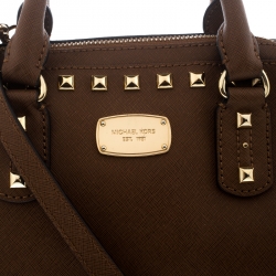 Pre Owned Michael Michael Kors Brown Leather Small Studded Sandrine Top Handle Bag