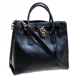 Pre Owned Michael Michael Kors Black Leather East West Hamilton Top Hanlde Bag