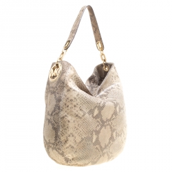 Pre Owned Michael Kors Beige Python Embossed Leather Medium Fulton Hobo