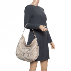 Pre Owned Michael Kors Beige Python Embossed Leather Medium Fulton Hobo