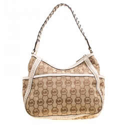 Pre Owned Michael Michael Kors Beige/Off White Signature Canvas Braided Hobo