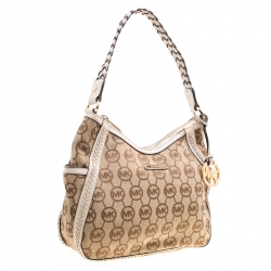 Pre Owned Michael Michael Kors Beige/Off White Signature Canvas Braided Hobo