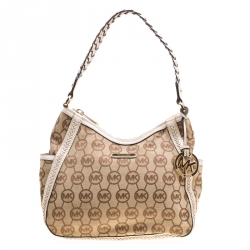 Pre Owned Michael Michael Kors Beige/Off White Signature Canvas Braided Hobo