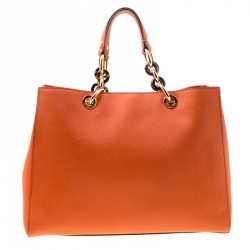 Pre Owned Michael Michael Kors Orange Leather Medium Cynthia Tote