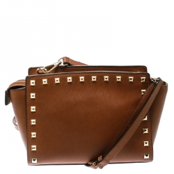 Pre Owned Michael Michael Kors Brown Leather Medium Studded Selma Crossbody Bag 