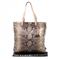 Pre Owned Michael Michael Kors Beige Python Embossed Leather Tote