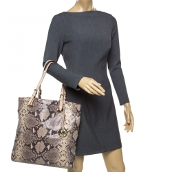 Pre Owned Michael Michael Kors Beige Python Embossed Leather Tote