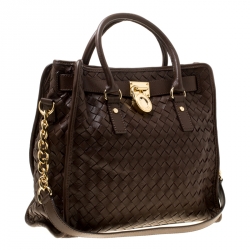 Pre Owned Michael Michael Kors Brown Woven Leather Hamilton Top Handle Bag